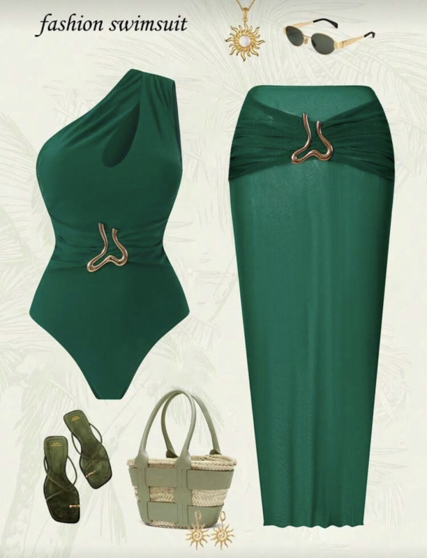 Dark green Casual Swimsuit With Skirt