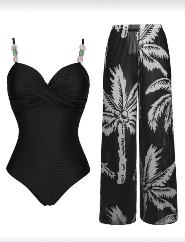 Crossover Black Strap Stone Decor One-Piece Swimsuit state Tropical Two Piece Set