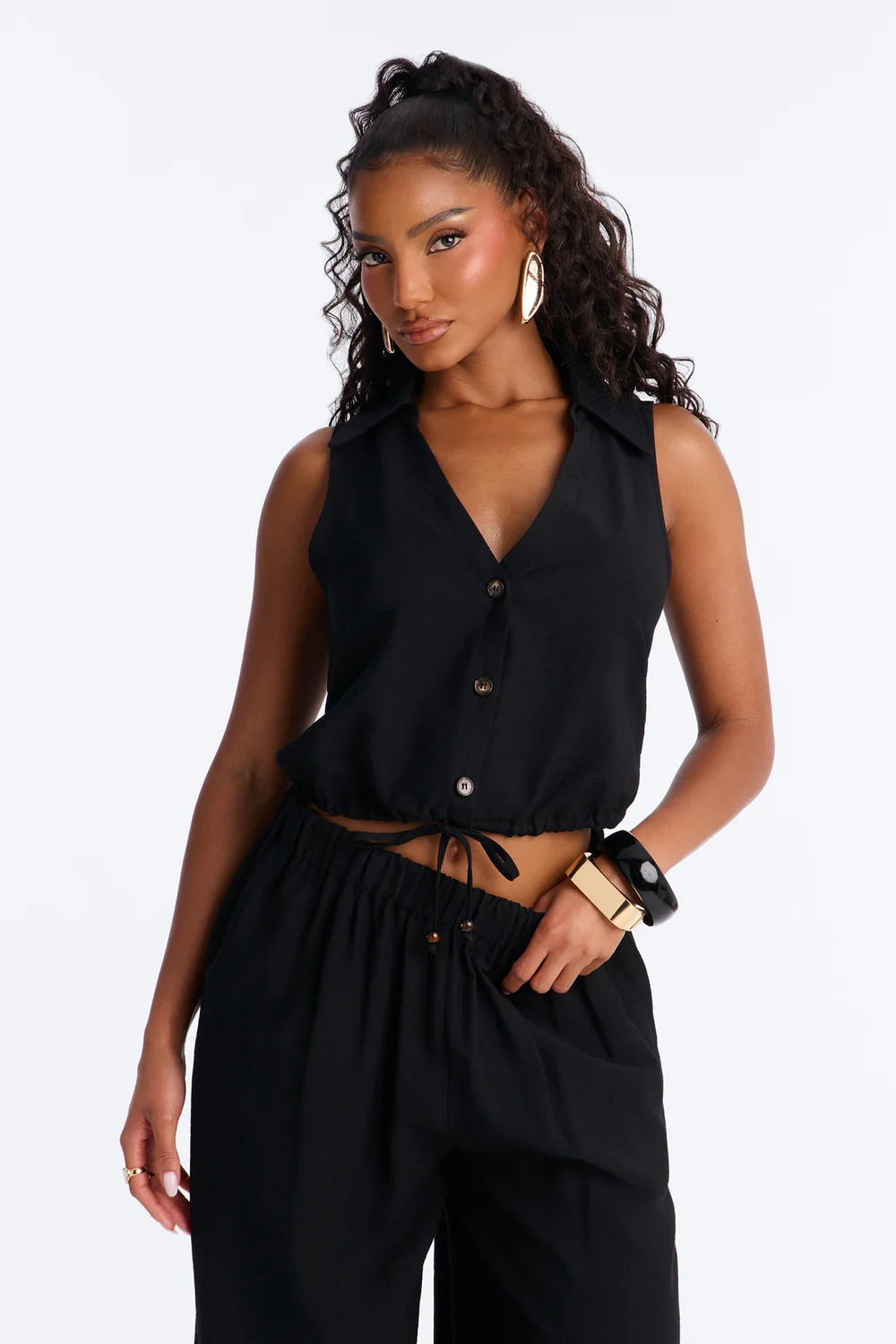 Vacation Nights Linen Pant Set Black
