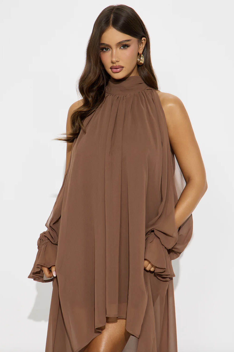 Aryal Long Sleeve Chiffon Maxi Dress - Brown