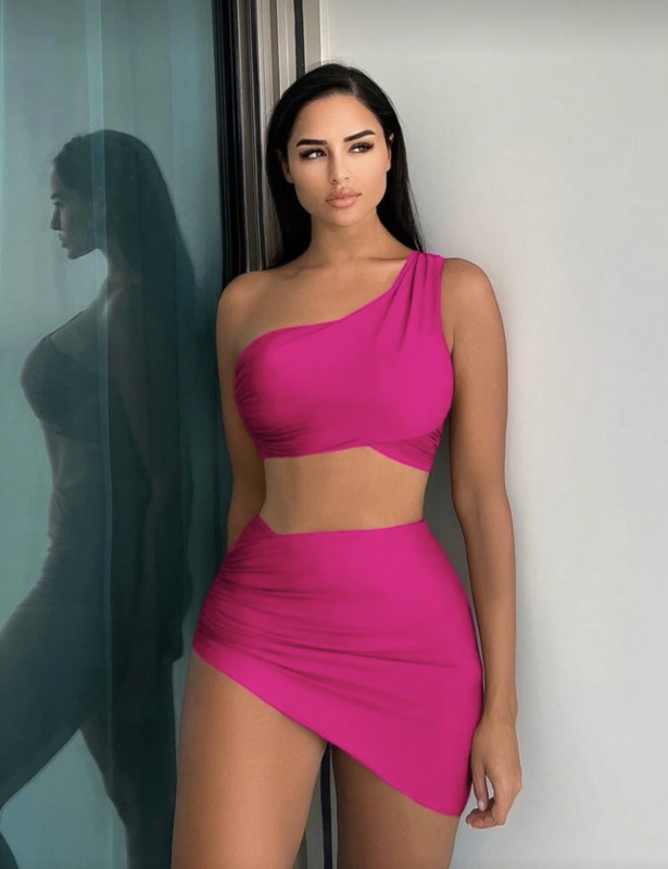 Hot pink One Shoulder Bikini Set With Beach Skirt