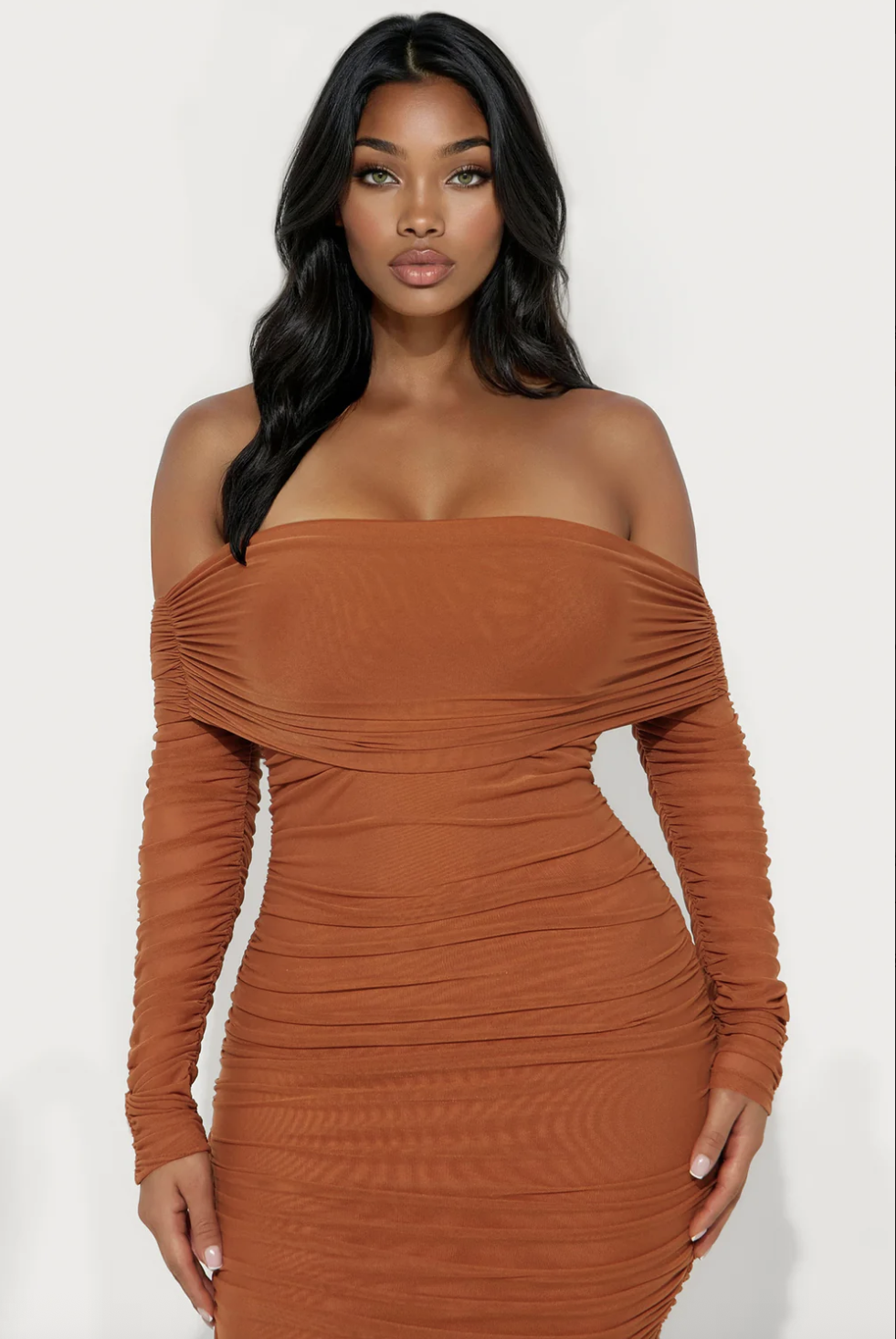 Hallie Ruched Mesh Bandage Midi Dress - Camel