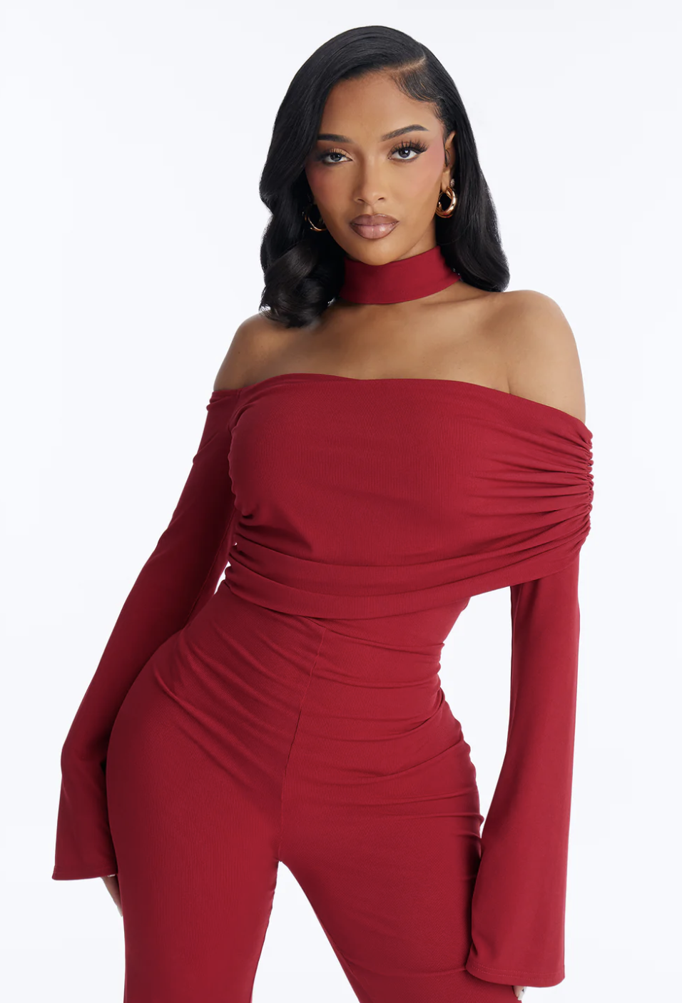 Kendall Choker Flare Leg Jumpsuit - DarkRed