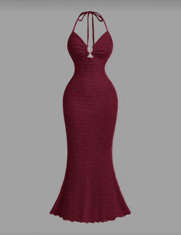 Burgundy Backless Textured Fabric Mermaid Dress