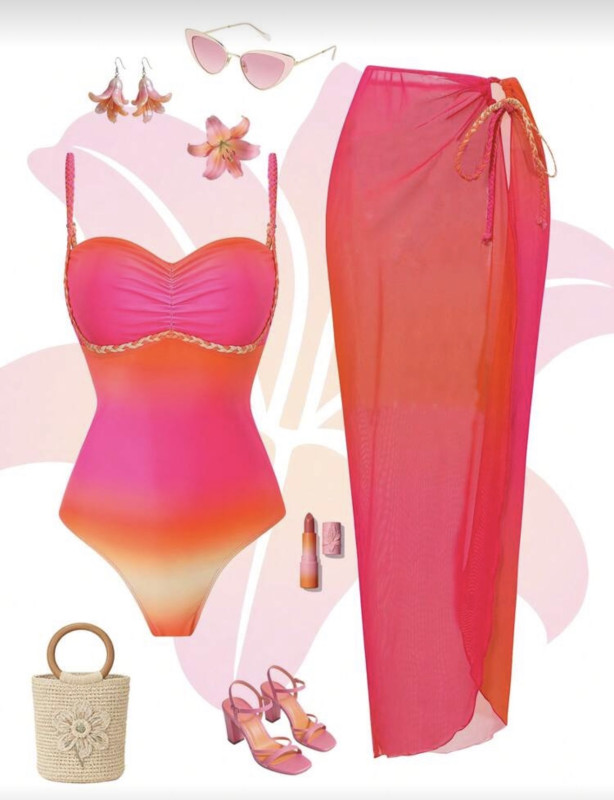 Pink multi colored swimsuit with skirt