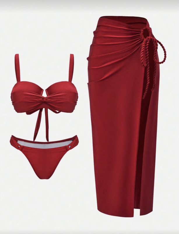 Red Premium Elegant Crossover Wrap Padded Red 3 PiecesSwimsuit Set,Elegant Women's Beach Swimsuit,Women's Beach Bikinis Summer 2026 Summer Outfits For Women Beach Dress  Beach Outfits For Women Elegan