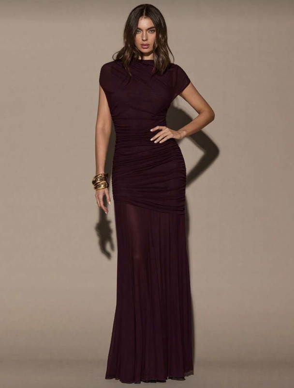 Maroon Sleeveless Round Neck Ruched Dress