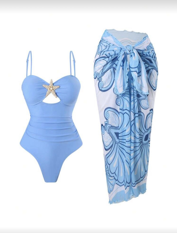 Sky blue Beach Holiday Hollow-Out Starfish Decor Ruched Tummy Control One-Piece Swimsuit With Tie Waist Maxi Skirt