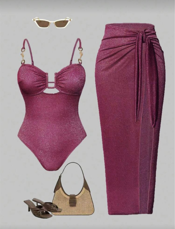 Pink Beach Vacation High-End Metallic Chain Decor Spaghetti Strap U-Neck Solid Wine Red Backless One-Piece Swimsuit