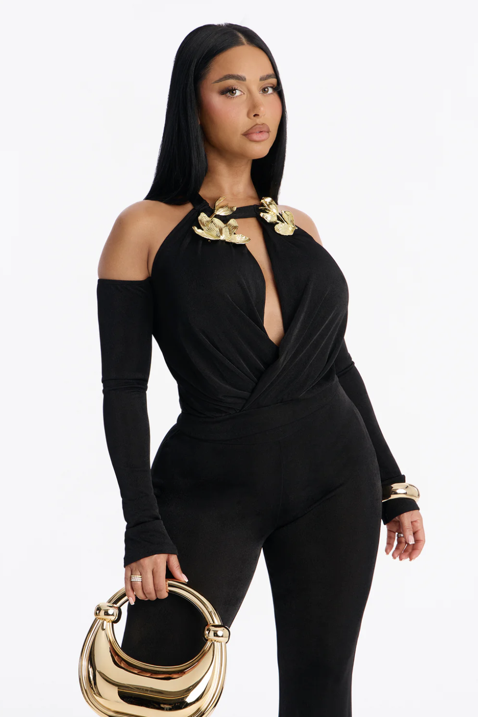 Marysa Cold Shoulder Hardware Pant Set - Black