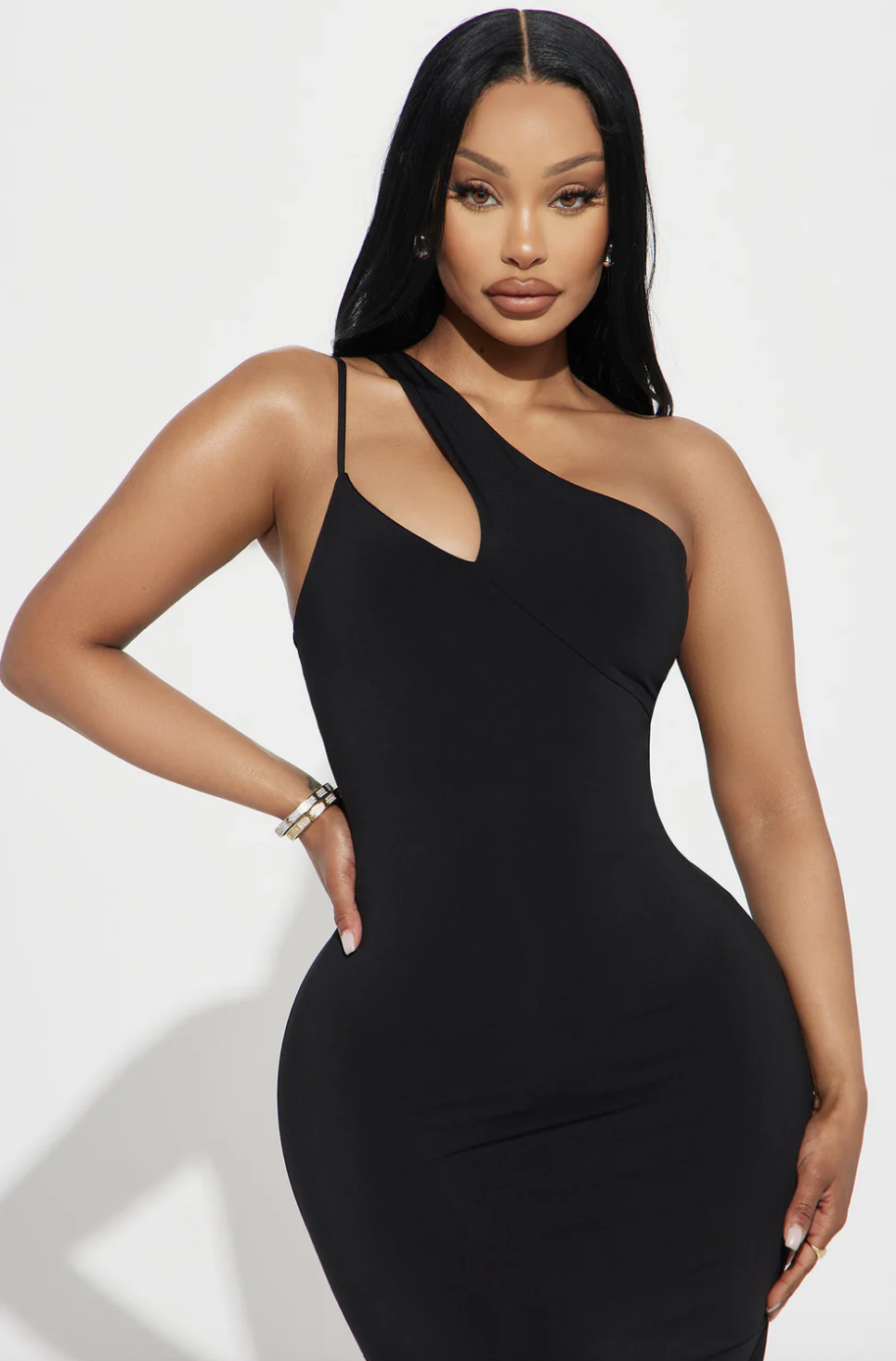 One Shoulder Midi Dress - Black