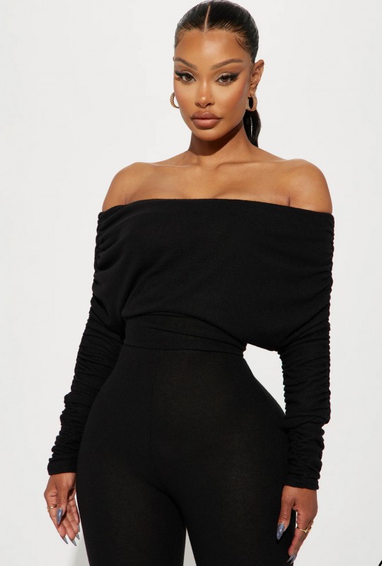 Yasmine Off Shoulder Sweater Jumpsuit - Black