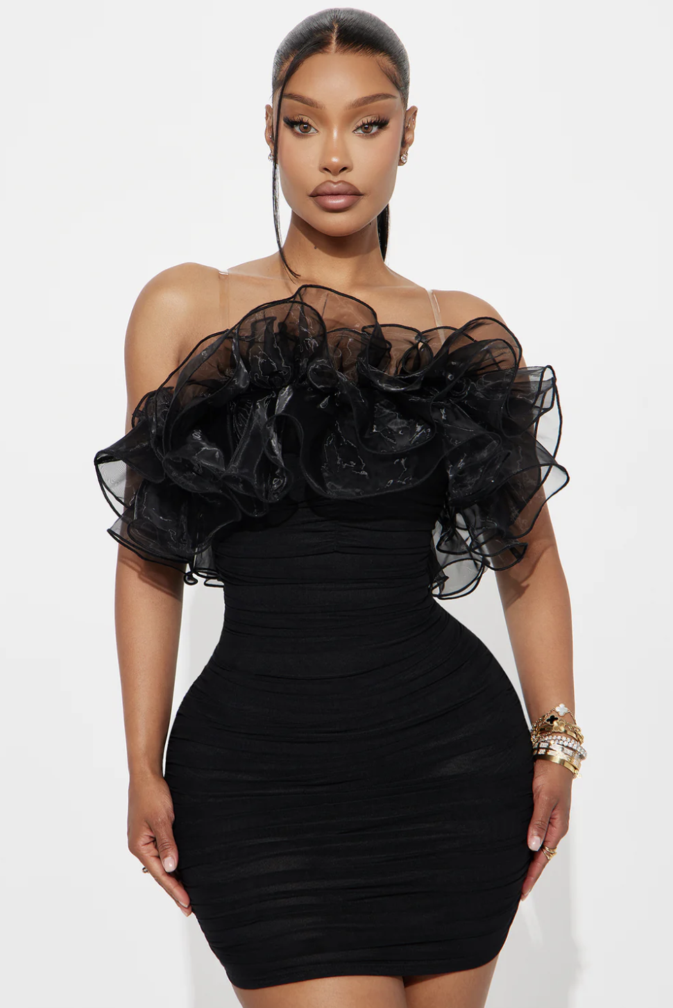 Ruffle Mami Mesh Mini Dress - Black