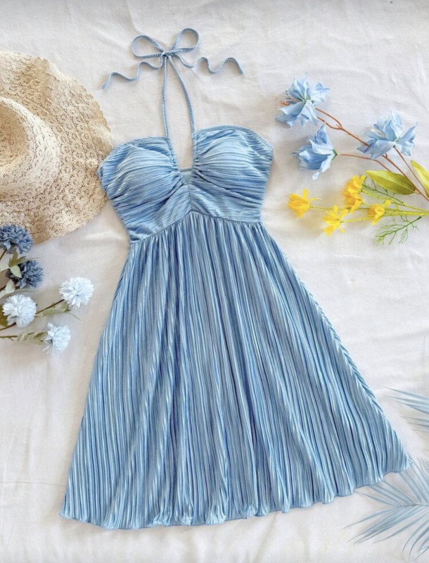 Blue Pleated Fashion Halter Mini Dress