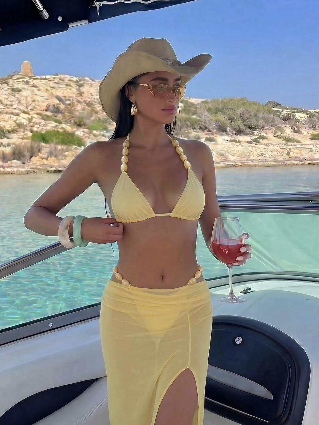Yellow Beaded Halter Bikini Top And Semi-Sheer Slit Skirt