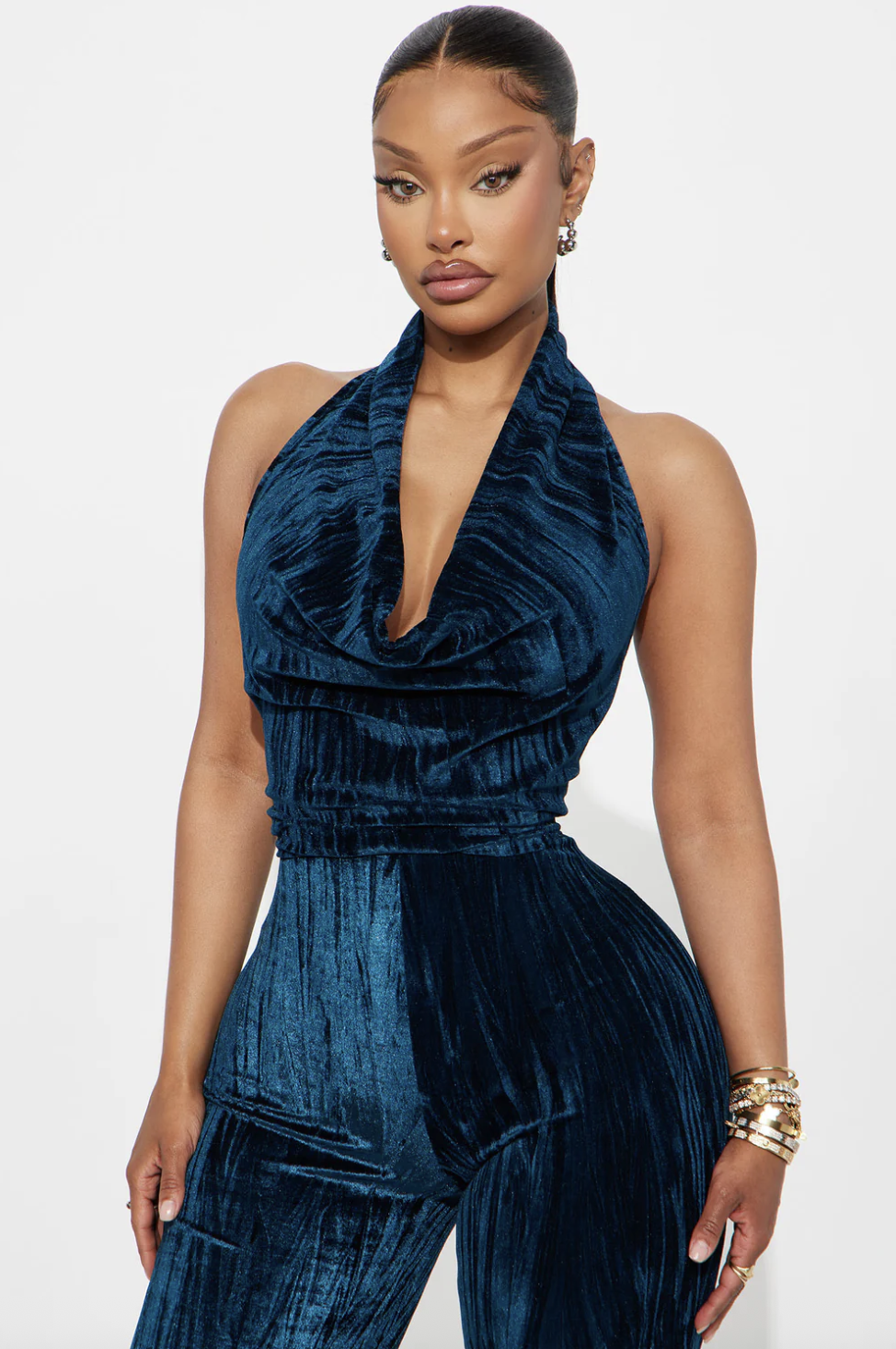 Leah Velvet Halter Flare Leg Jumpsuit - Teal