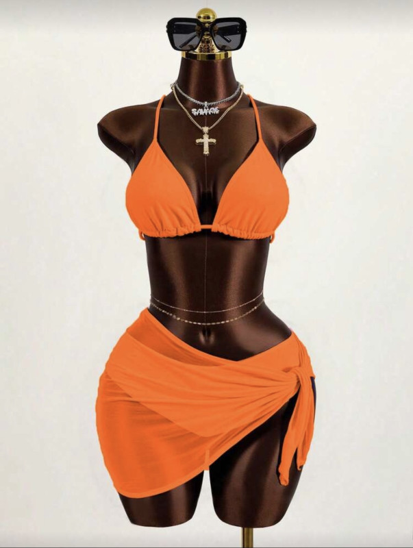 Orange 3pcs Women Solid Color Bikini Set With
