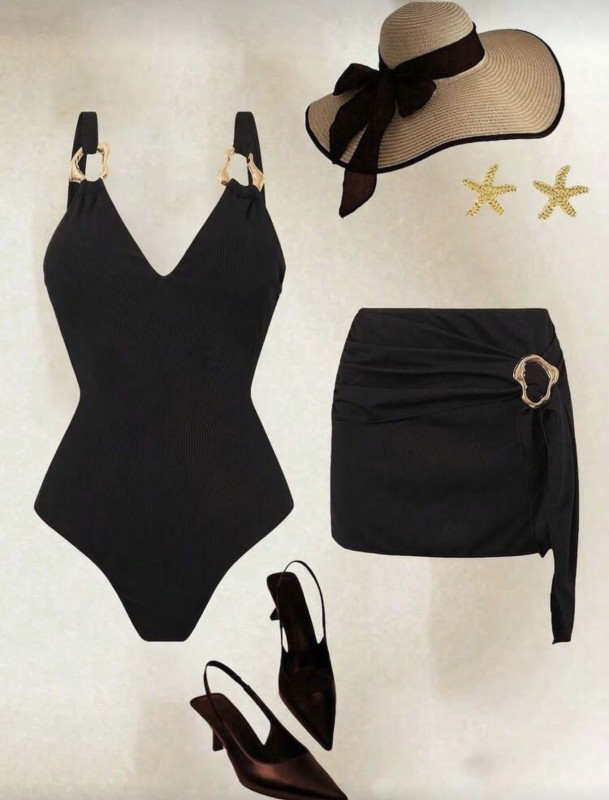 Black Special Fabric One-Piece Swimsuit With Skirt, Beach Resort Casual Swimwear Set