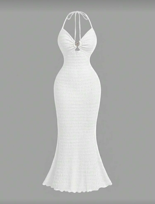 White Backless Textured Fabric Mermaid Dress