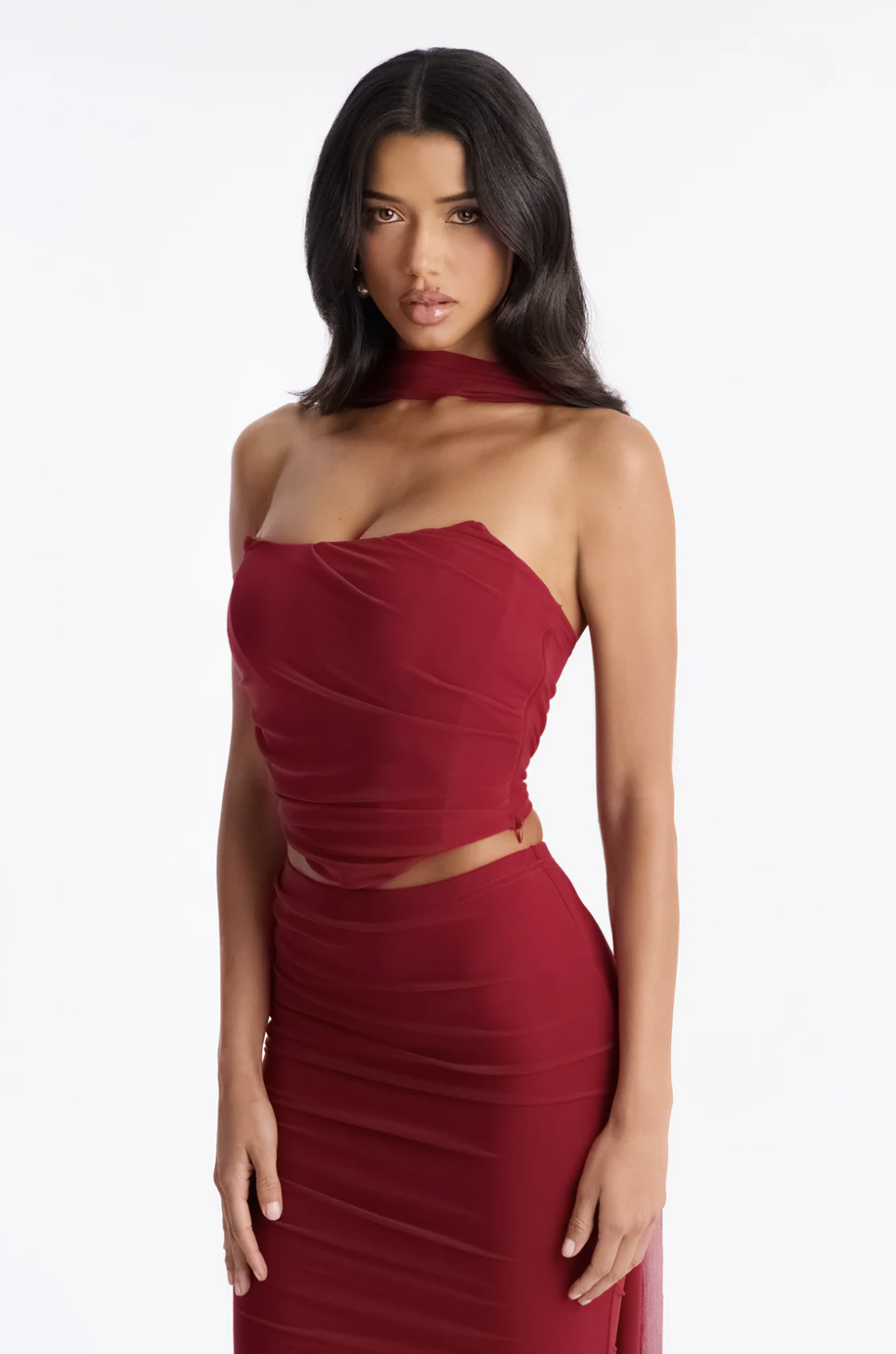 Avery Mesh Corset 3 Piece Maxi Skirt Set - Red