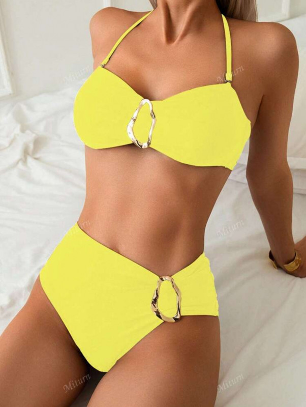 Yellow  Chest Halter Bikini Two-Piece Set