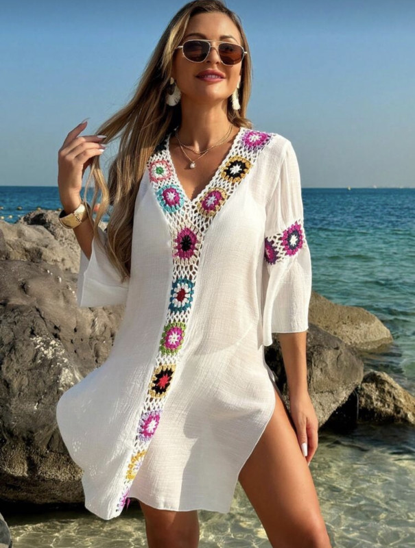 Lushoire Women's V-Neck 3/4 Sleeve Hand Crochet Floral Random Color Side Slit Loose Tunic Dress/Cover Up
