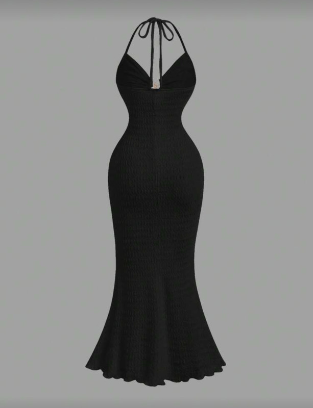 Black Backless Textured Fabric Mermaid Dress
