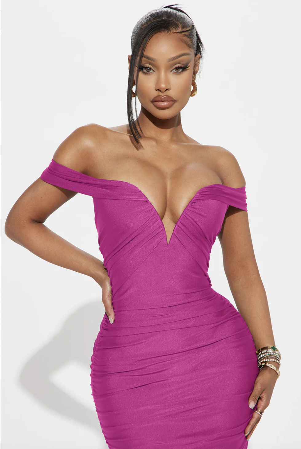 Rosalinda Off Shoulder Midi Dress - Hot Pink