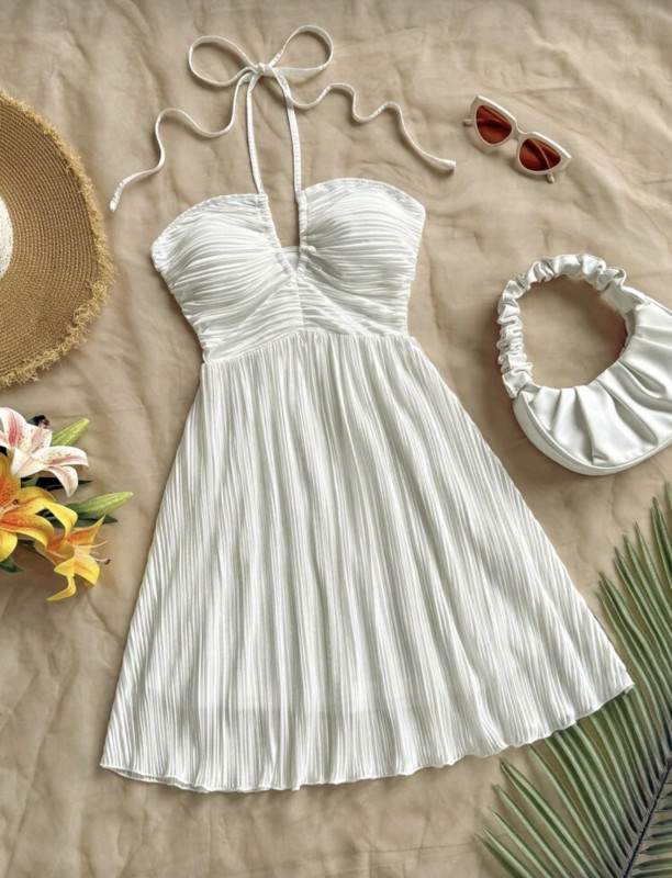 WhitePleated Fashion Halter Mini Dress