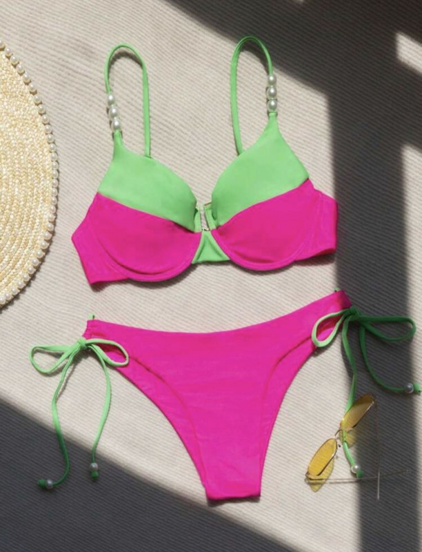 Color Block Underwire Tie Side Bikini Swimsuit