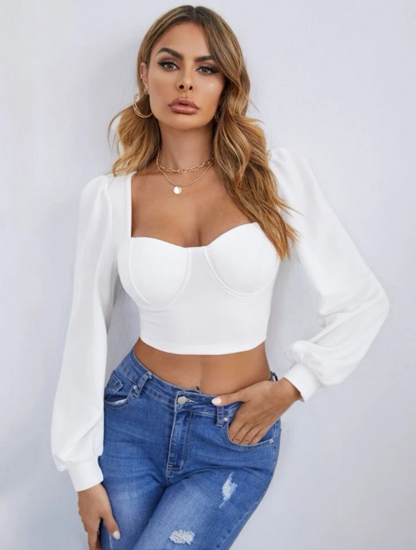 White Lantern Sleeve Crop Top