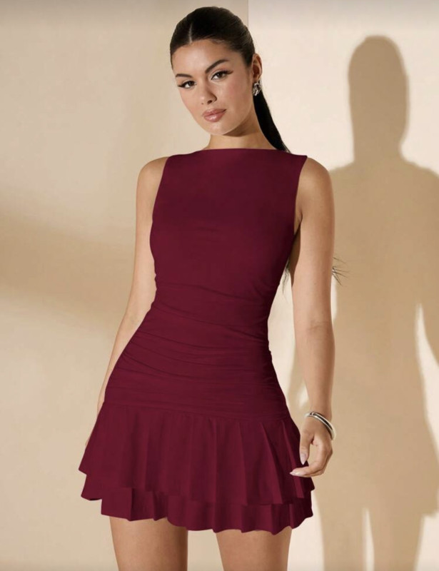Burgundy Color White Ruched Ruched Mini Dress
