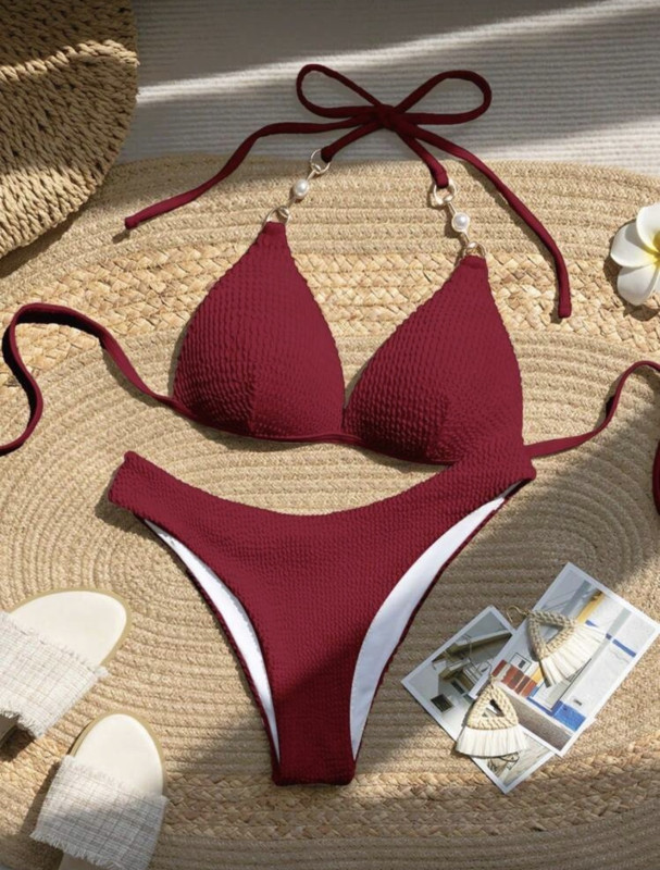 Red Solid Color Bikini Swimsuit For Summer Beach Vacation