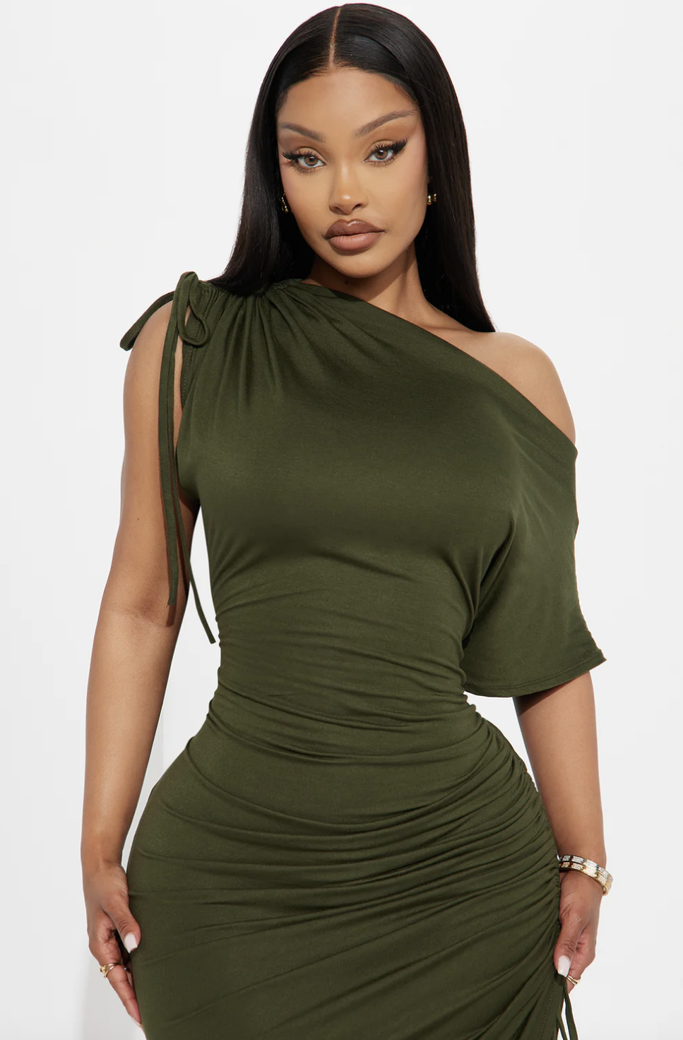 Kimberly Ruched Short Sleeve Dress - Olive