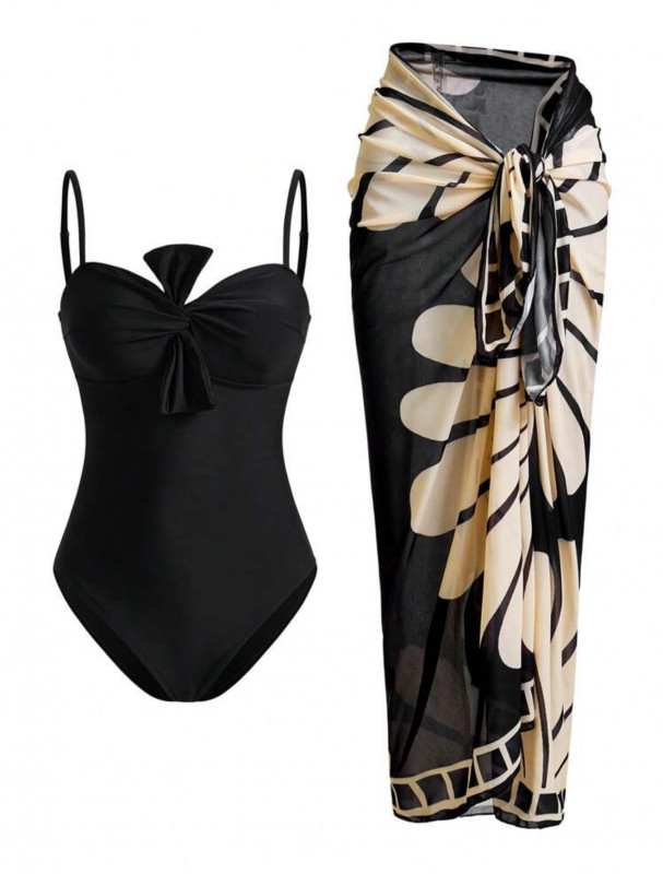 Black loly Beach One-Piece Swimsuit With Cover Up Skirt