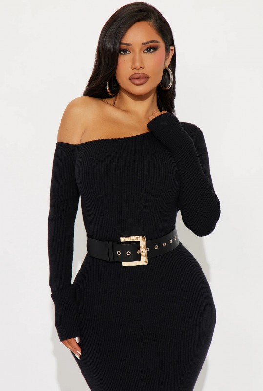 Brianna Belted Sweater Midi Dress - Black