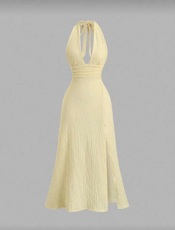 Yellow Sweetra Sexy Halter Deep V-Neck  Dress