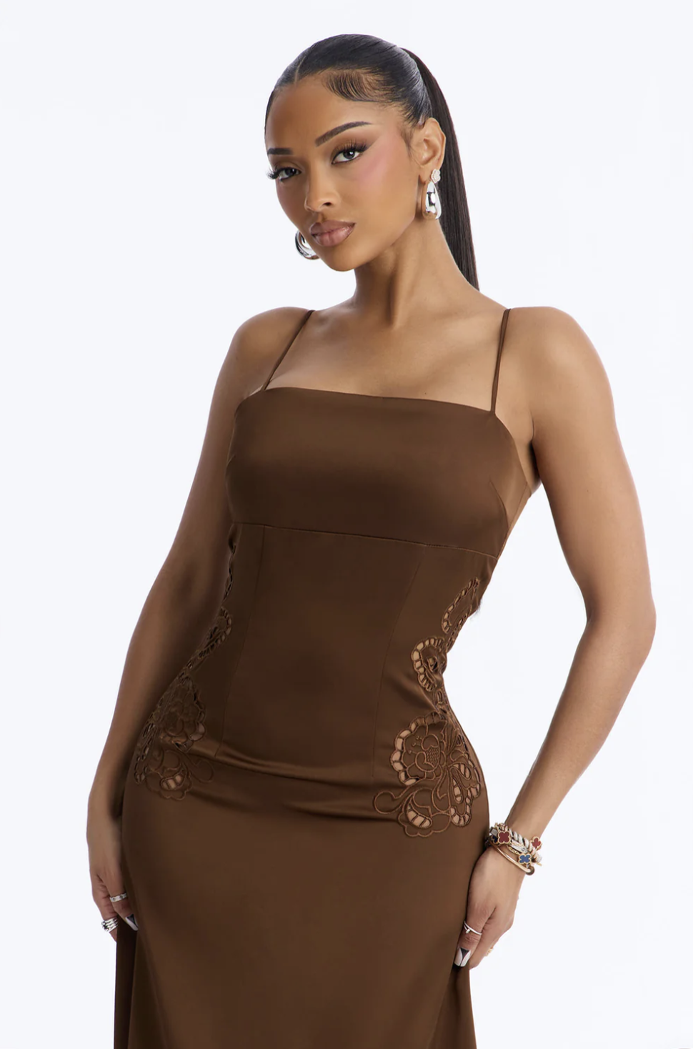 Daisy Embroidered Satin Maxi Dress - Brown
