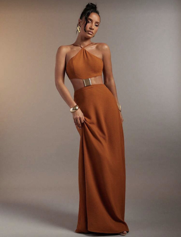 Rust brown Halter Strappy Backless Maxi Dress