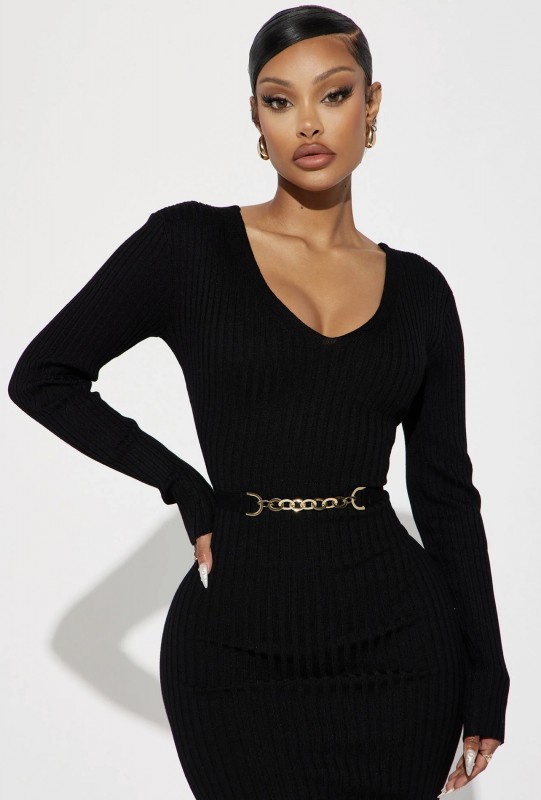 Rocking Baddie V- Neckline Midi Dress - Black