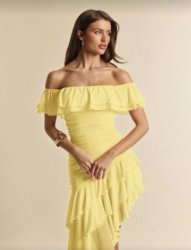Yellow Off Shoulder Ruffle Hem Maxi Dress