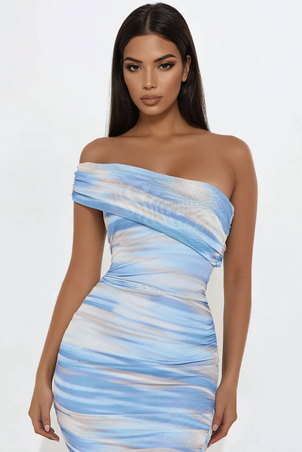 Work Of Art Ruched Mesh Midi Dress - Blue/combo