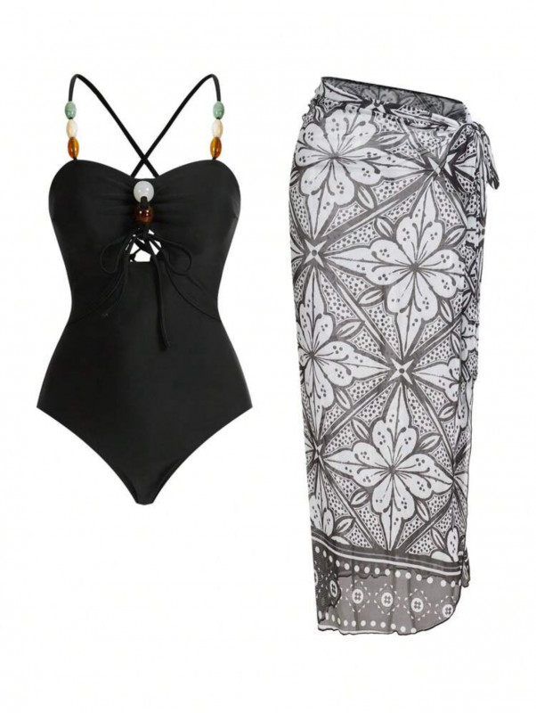 Black One Piece And Floral Cover Up Skirt Premium