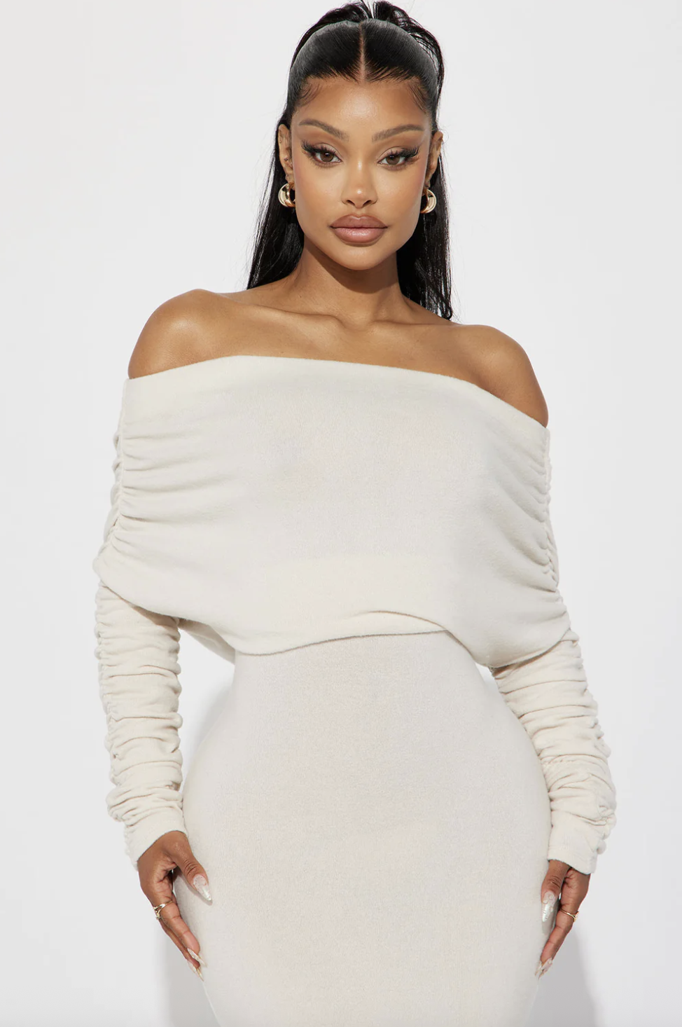 Yasmine Off Shoulder Sweater Maxi Dress - Cream