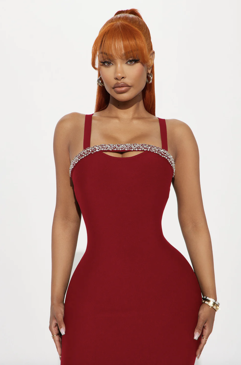 Jadore Rhinestone Bandage Midi Dress - Red
