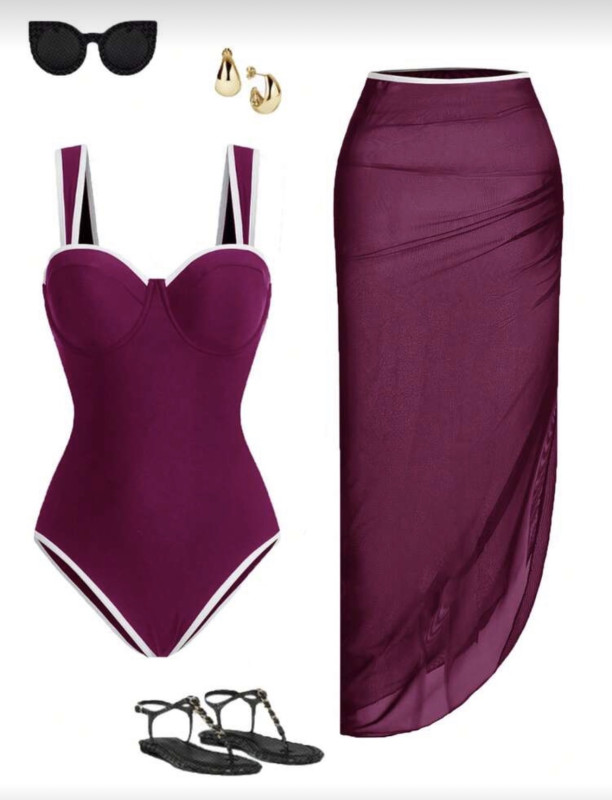Burgundy Women Spring/Summer Beach Swimwear Solid Colour One-Piece Swimsuit And Cover Up Skirt Sets