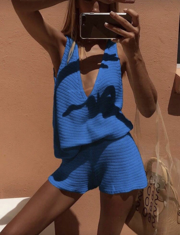 Knit Sexy Top And Shorts Set, Suitable For Daily Wear