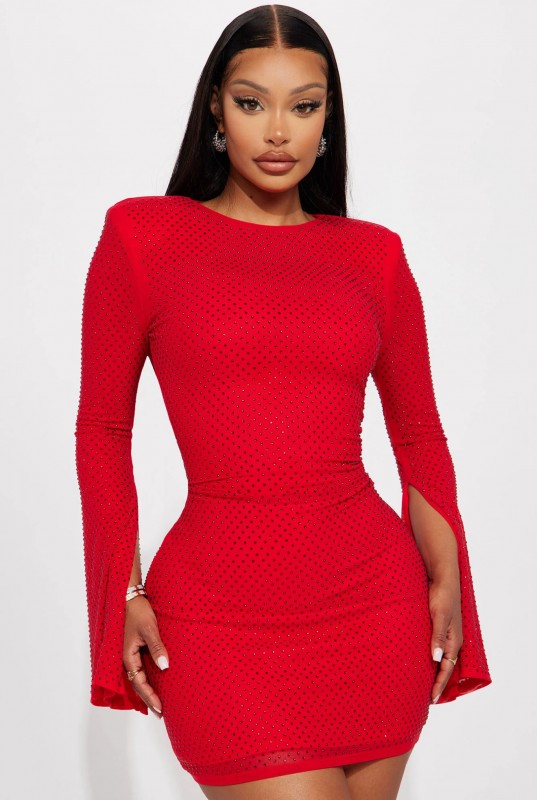 Sarah Rhinestone Mesh Mini Dress - Red