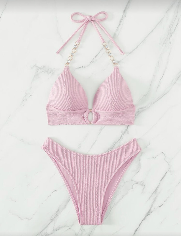 Dusty Pink Beach Mono Bikini Set Chain Linked Halter Push Up Bra & Bikini 2 Pieces Bikini