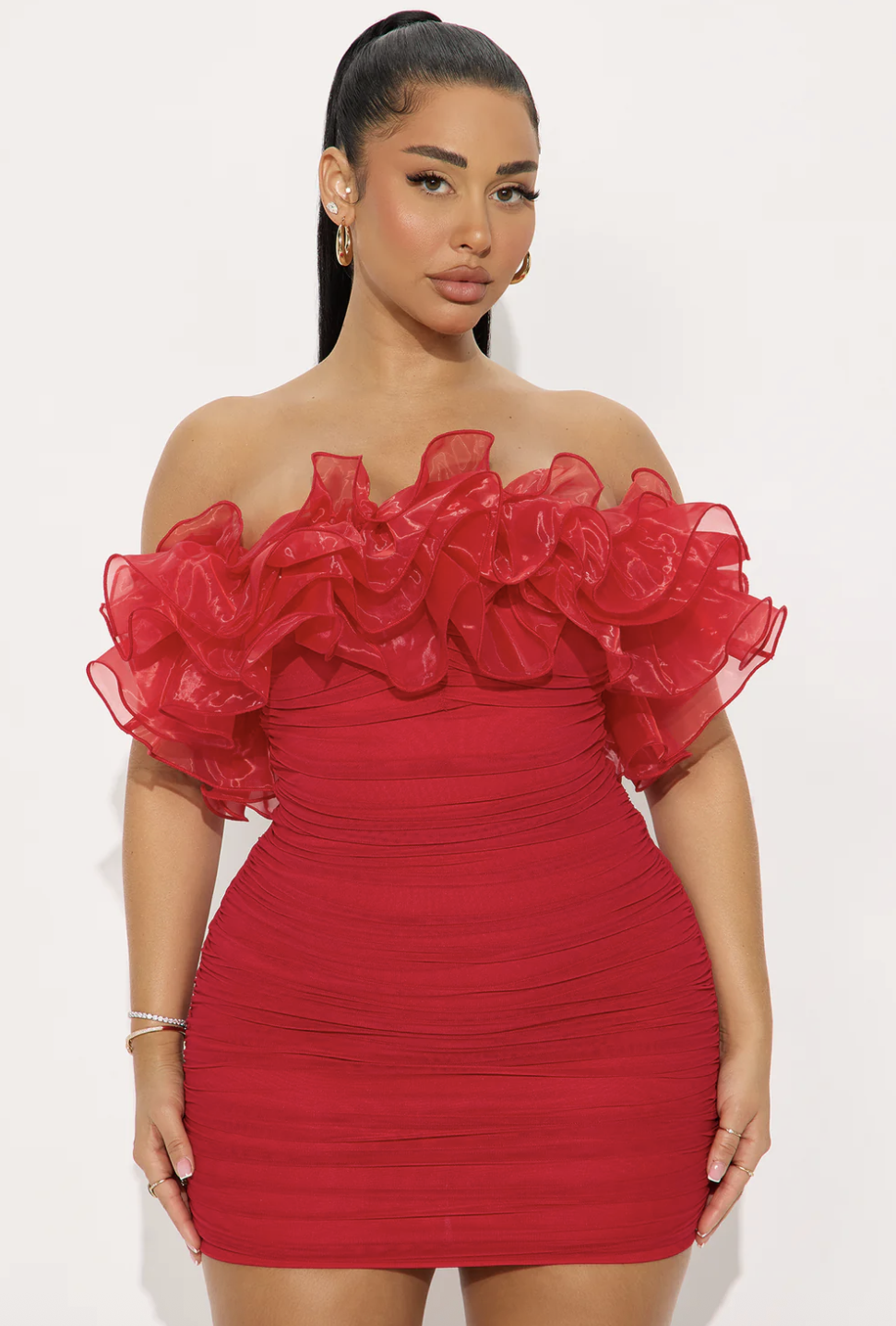 Ruffle Mami Mesh Mini Dress - Red